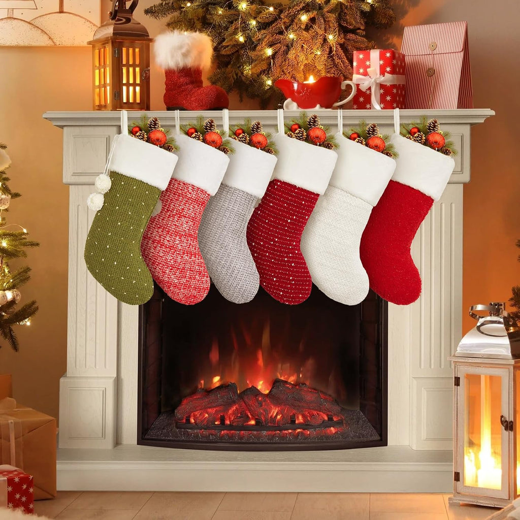 Mostop Christmas Stockings, 6 Pack Cable Knitted Xmas Stockings with Pompom for Xmas Holiday Decor