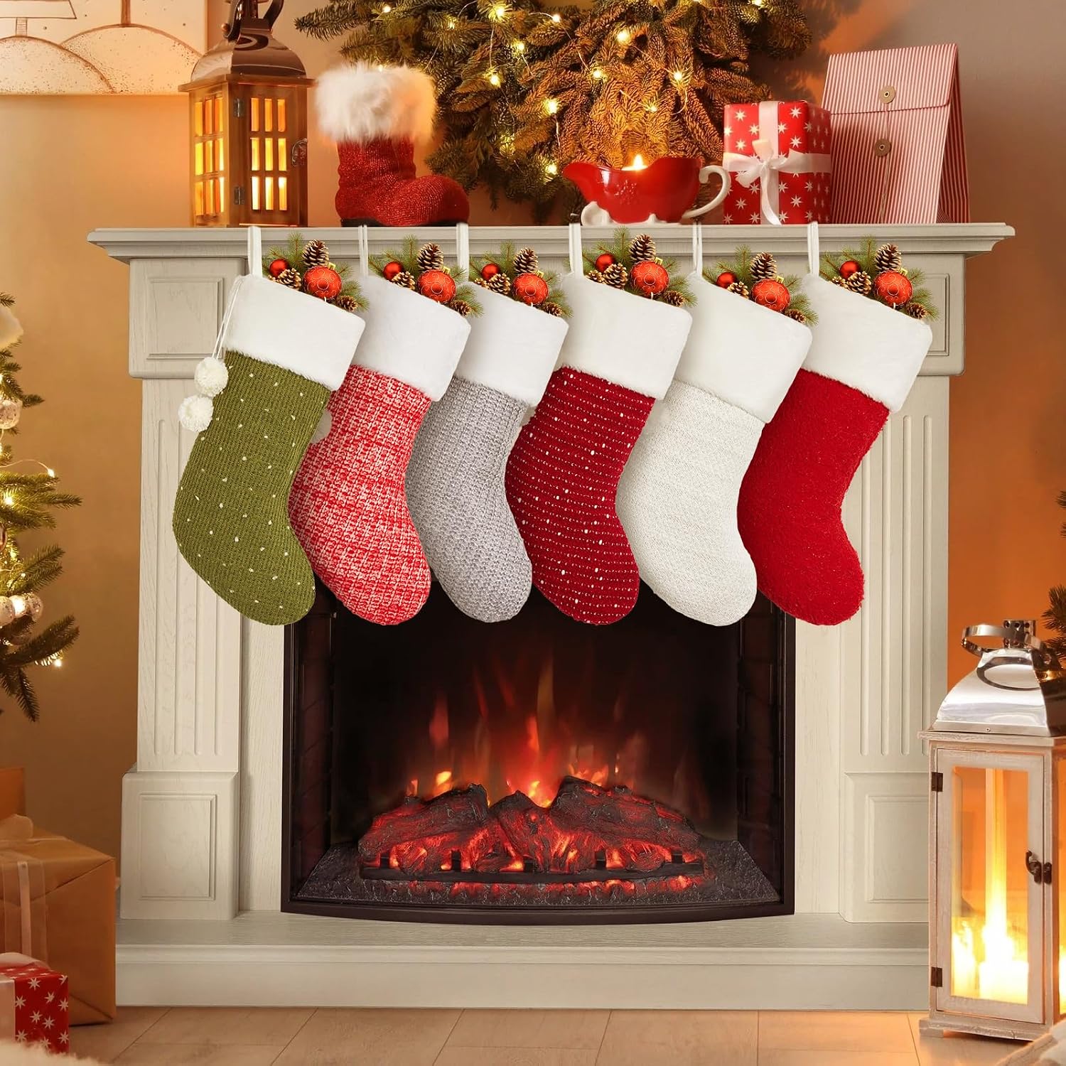 Mostop Christmas Stockings, 6 Pack Cable Knitted Xmas Stockings with Pompom for Xmas Holiday Decor