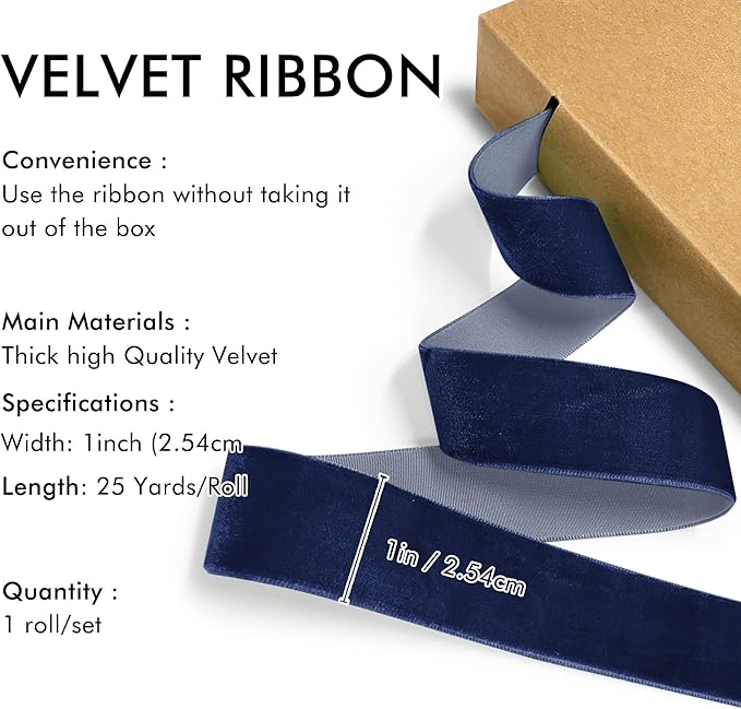 Navy Blue Velvet Ribbon 1'' 25 Yards for Christmas Tree, Gift Wrapping, Flower Bouquet, Wreath Decorations, Bow Making
