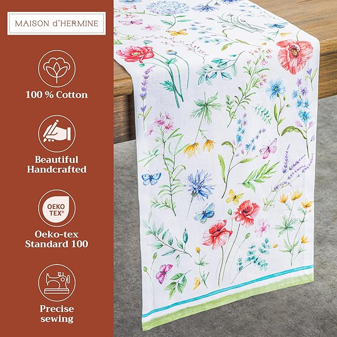 Maison d' Hermine Table Runner 100% Cotton Single Layer Table Runners 108 inches Long Decorative for Home Kitchen Dining Party Wedding Bridal Shower Spring Summer (Just Floral, 14.50" x 108")