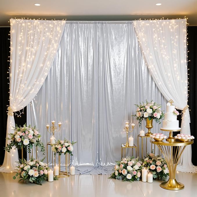 20x10FT Silver Sequin Backdrop - 4 Panels 5x10FT Wrinkle-Free Glitter Drapes for Weddings, Parties & Events
