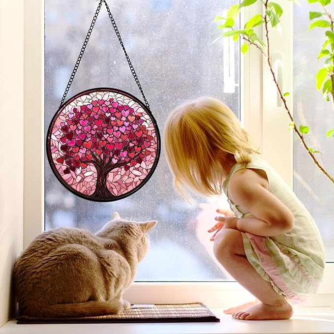 Stained Glass Window Hanging, Pink Love Tree of Life Sun Catchers Colorful Glass Panel Suncatcher Decor for Birthday for Women, Men, Wife, Lovers, and Mom 9.8 in