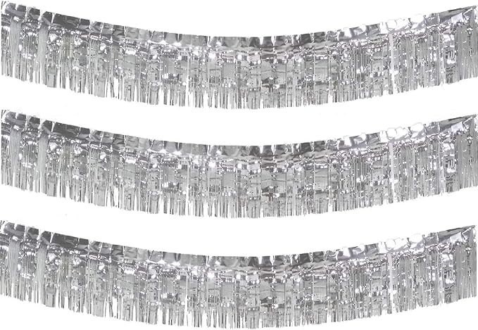 10 Feet Long Roll Foil Fringe Garland - Pack of 3 | Shiny Metallic Tassle Banner | Ideal for Parade Floats, Bridal Shower, Wedding, Birthday | Wall Hanging Fringe Garland Banner (Silver)