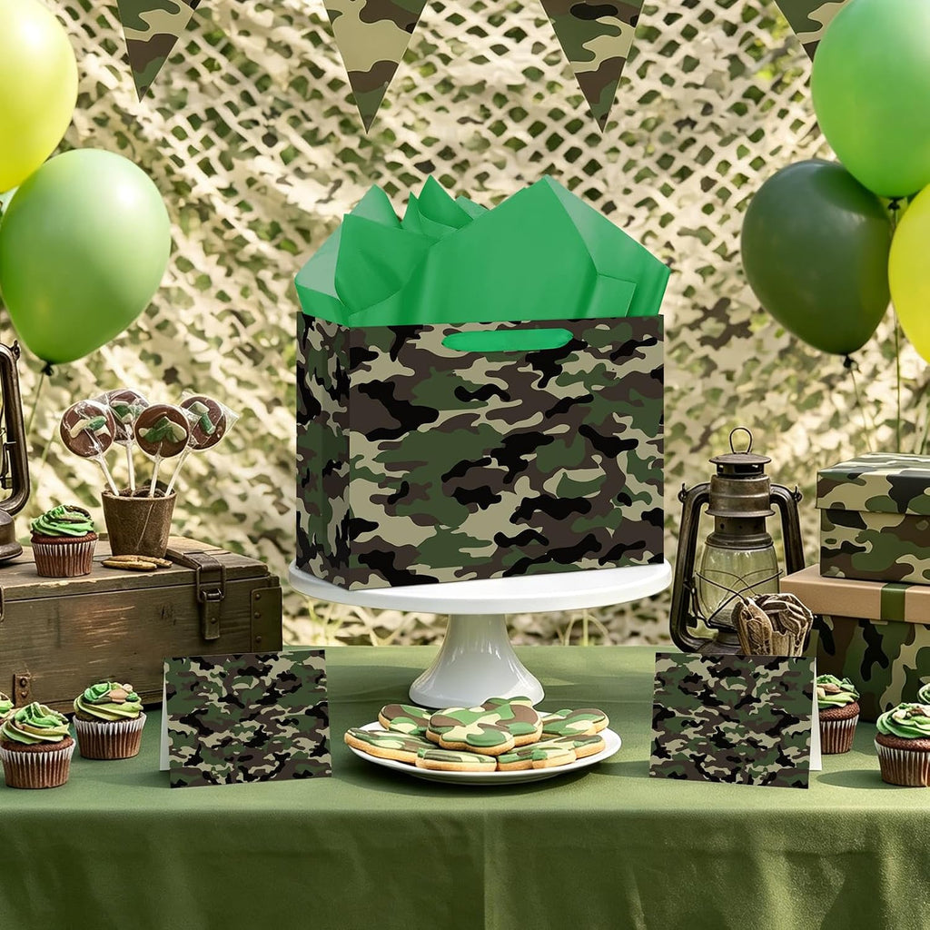 Abilat Large Camo Gift Bag with Tissue Paper and Greeting Card Camouflage Themed Gift Wrapping Bag for Boys Men Army Theme Birthday Baby Shower Party Decorations Supplies