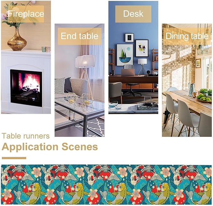 Japanese Kio Fish Table Runner Oriental Tradition Cherry Art Printed Burlap Runner Home Kitchen Dining Table Living Room Decor Fabric 1 Panel W13xL120in