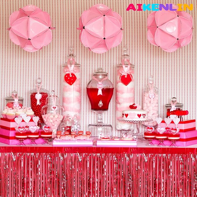 6 Pack 29x108 Inch Metallic Foil Fringe Tinsel Table Skirts Banner for Rectangle Tables Streamer Garland Curtains Backdrop for Wedding, Birthday, Parade Floats, Christmas Party Decoration(Red)