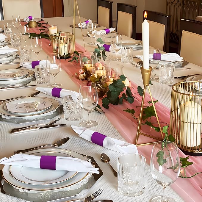 Polymer Material Reusable Napkin Band, Glue-Free Tear-Proof Water Resistant Oil-Proof Napkin Bands Set of 50(Front Purple Color and Back White), 6 Adjustable Sizes Napkin Rings