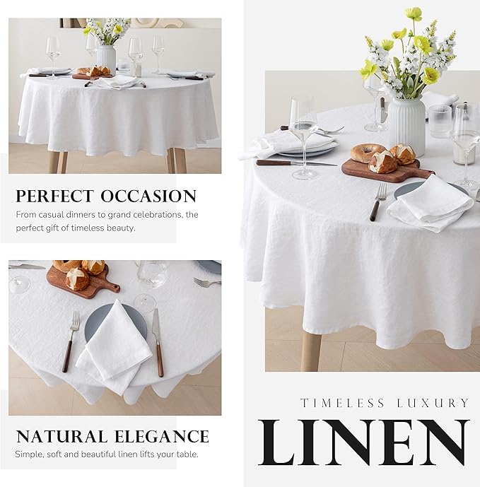 100% Pure French Linen Tablecloths,90Inches Round Table Clothes for Dining,Parties,Picnic,Events,Weddings and Restaurants (RO-White, Round - 90 Inch Dia)