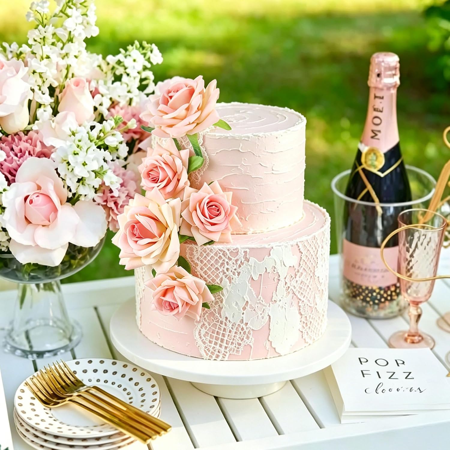 5Pcs Champagne Flower Cake Topper Artificial 3D Flowers Cake Decoration | Artificial Champagne Rose Flower, Different Sizes 3D Flowers Table Decorations,Bridal Shower, Wedding Anniversary Cake Decors