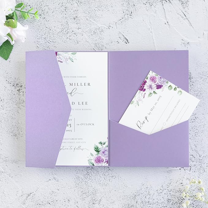 20 PCS Lilac Tri-fold Laser Cut Wedding Invitation Pockets for 5x7 Wedding Cards Bridal Shower Engagement Quinceanera Invitation