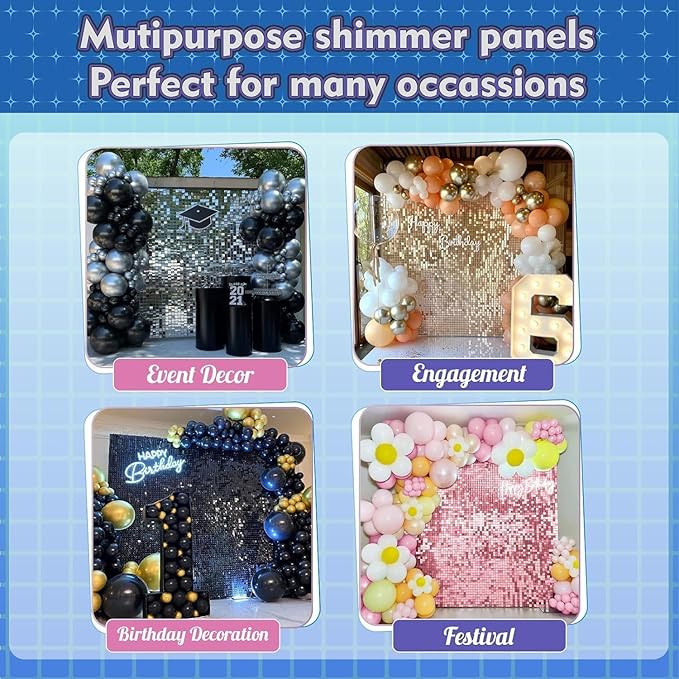 Qcity Iridescent Pink Shimmer Wall Backdrop 36PCS, Black Back Not See-Through Design, Square Sequin Glitter Backdrop Panel, Perfect for Outdoor Events, Birthdays, Wedding and Party Decoration