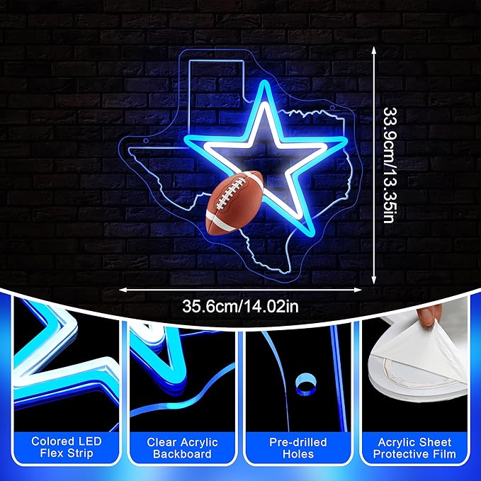 Cowboy Football Neon Sign Texas Neon Sign for Wall Decor - Neon Star Acrylic USB Powered LED Wall Art Decor, Light Up Sign Dimmable, for Man Cave Bedroom Bar Club Party Game Room 14.02 x 13.35 Inches