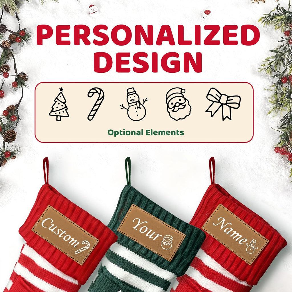 DPDP Personalized Christmas Stockings – Custom Christmas Stockings with Names, 18" Large Family Knit Stocking with Leather Nameplate, Customized Xmas Decorations for Fireplace, Gifts for Kids 1 Pack