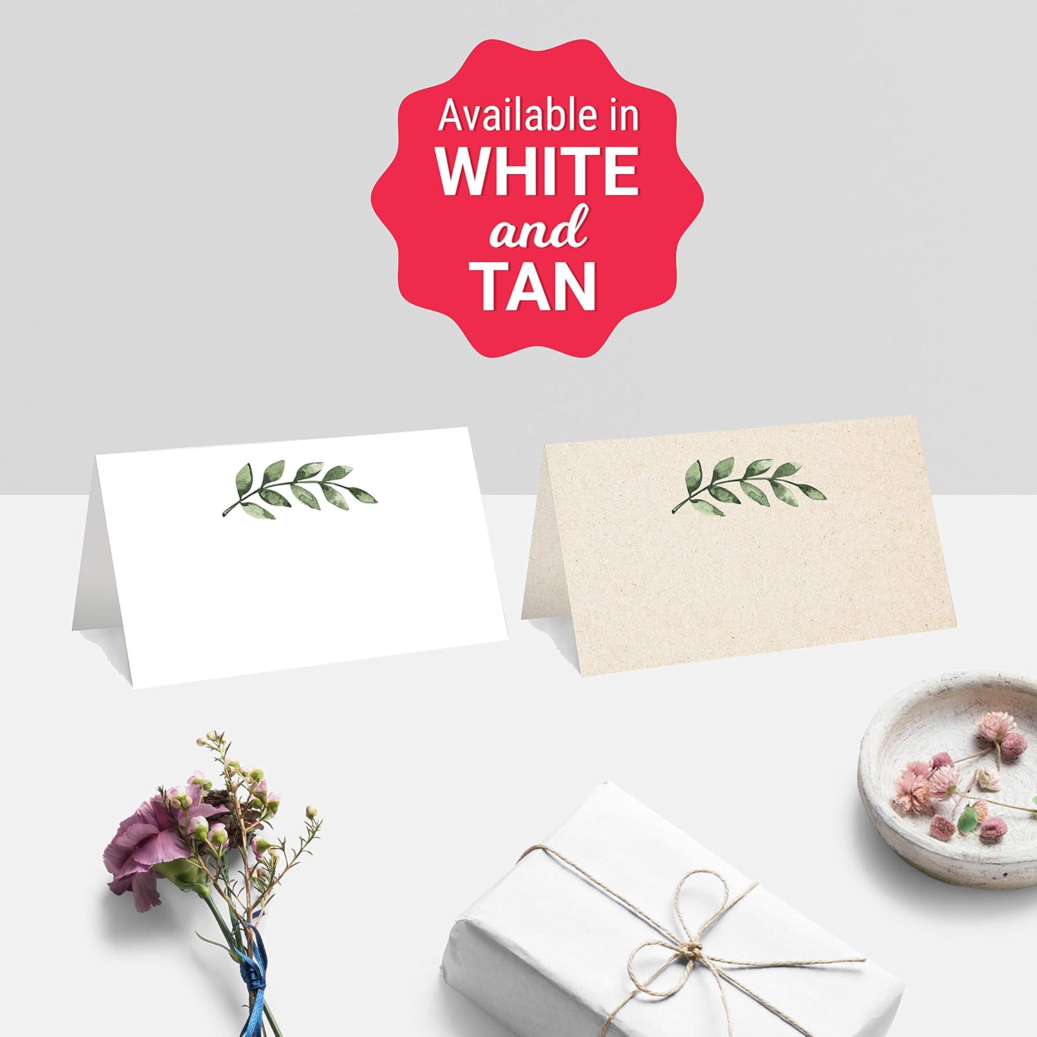 321Done Greenery Place Cards for Table Setting - Set of 50 Blank Name Cards, Seating Chart & Placecard for Wedding Reception, Dinner Party, Buffet & Calligraphy - 3.5x2, White, Made in USA