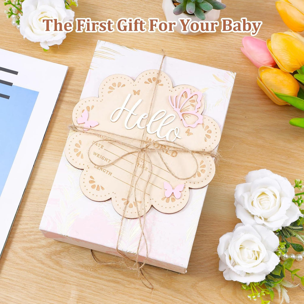 Nogeqi Hello World Newborn Sign, 6 Inch Pink Butterfly Baby Name Announcement Sign, Birth Announcement Signs, Wooden Baby Welcome Signs for Newborn Photo Props Babies Shower Hospital Nursery