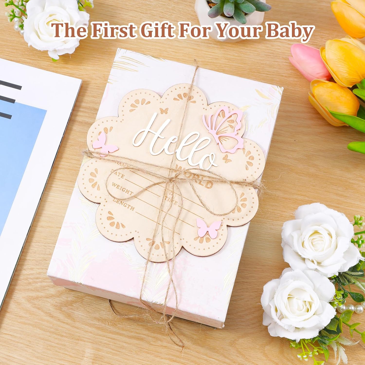Nogeqi Hello World Newborn Sign, 6 Inch Pink Butterfly Baby Name Announcement Sign, Birth Announcement Signs, Wooden Baby Welcome Signs for Newborn Photo Props Babies Shower Hospital Nursery