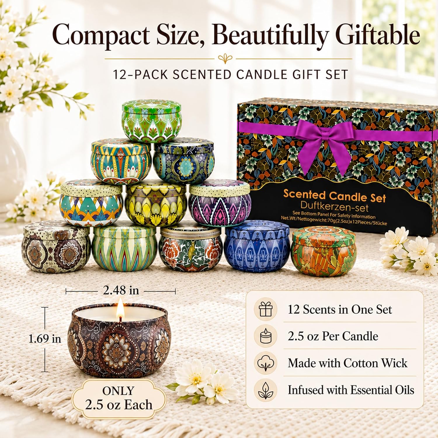 Scented Candles Gift Set, 12 Pack Soy Wax Candles for Home, 12 Scents, Aromatherapy Travel Tins with Gift Box for Women, Birthday, Housewarming, Relaxation