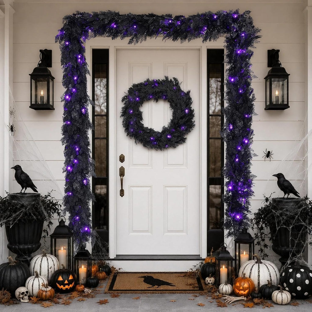 pre-lit halloween garland 9ft decorations black real touch, view 9