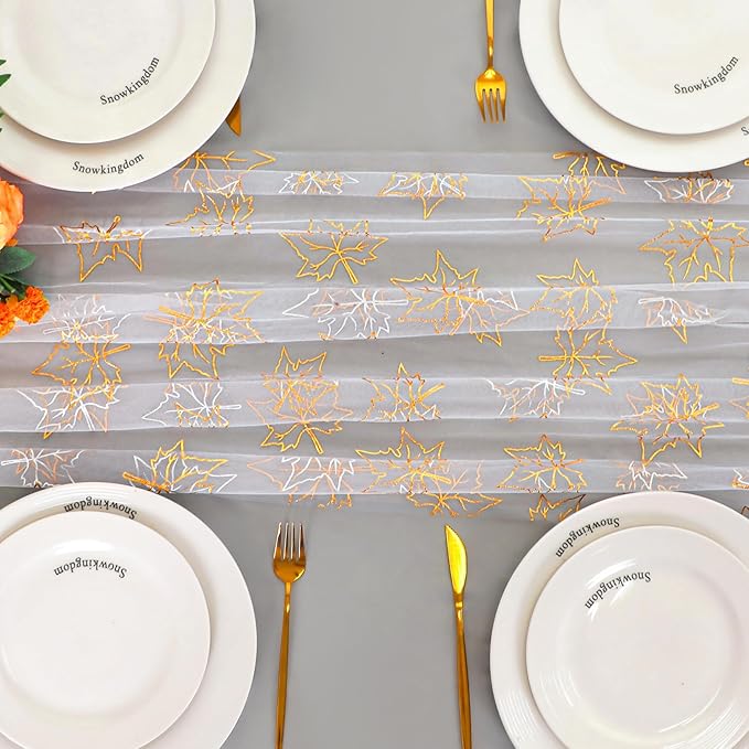 Snowkingdom Fall Table Runner, 10ft Gold Maple Leaves Gauze Chiffon Table Runners, Thanksgiving Decoration Sheer Cheesecloth Runner for Autumn Harvest Glitter White Sparkle Dining Party Decor 120 Inch