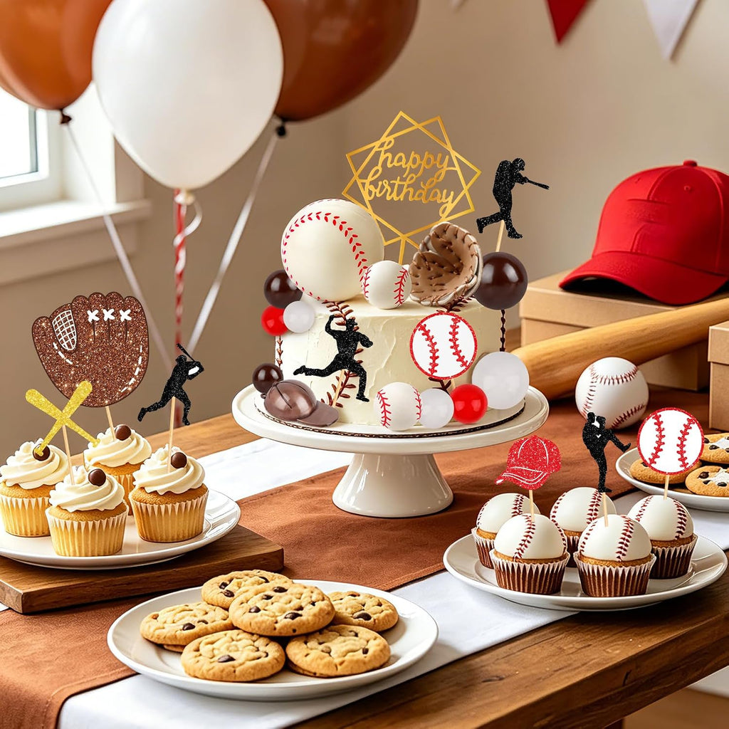Hooqict 25Pcs Baseball Cake Decorations Set with Mini Balls, Player, Caps, Gloves, Bats, Baseball Birthday Cake Toppers & Cupcake Toppers for Kids Boys Sports Themed Birthday Party Decorations