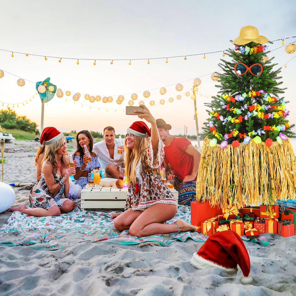 4 Pcs Summer Christmas Tree Decoration Christmas July Tassel Grass Skirt Oversized Sunglass Hat Floral Garland Tropical Party Decor for Hawaiian Party Supplies