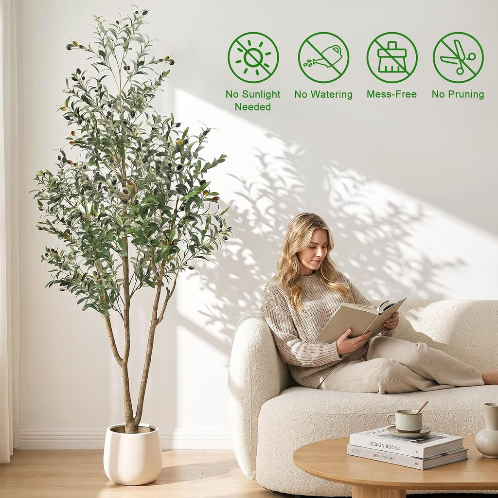 7ft artificial olive tree with lights & planter, close-up detail