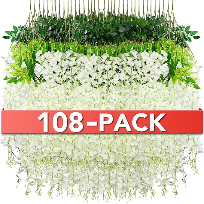 Wisteria Hanging Flowers,Fake Hanging Flowers,Wisteria artificiales Garland for Home Wedding Arch Floral Party Garden Ceremony Outdoor Decor,3.6 feet Long(108,White)