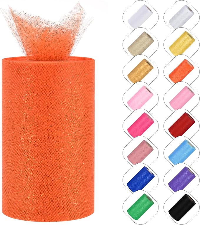 Glitter Tulle Rolls 6” by 50 Yards Sparkle Tulles Fabric Ribbon Sequin Tulle Netting Rolls for DIY Tutu Skirt Wedding Birthday Party Decoration (Orange)