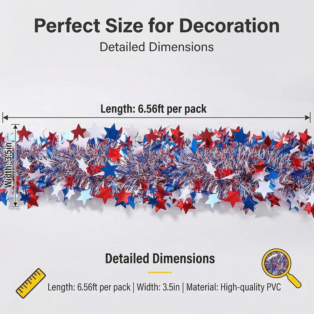 RAINFLOW Patriotic Tinsel Garland 4th of July Decorations - 5 Pack 32.8FT Red White Blue Star Metallic Decor for Parade Golf Cart Car Tree Party Outdoor Independence Day Memorial Day