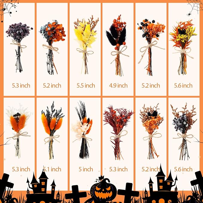 10/12/24/36 Pack Mini Dried Flowers for Vase Wedding Various Mini Bouquet Dried Small Wildflowers Natural Flowers Bulk for Crafts DIY Decor (12, Halloween Color2)