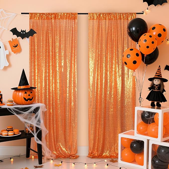 Poise3EHome Orange Sequin Backdrop Curtain, 2 Panels 2FTx8FT Glitter Background for Party Halloween Birthday Party Wedding Christmas Thanksgiving Holiday Festival Decor