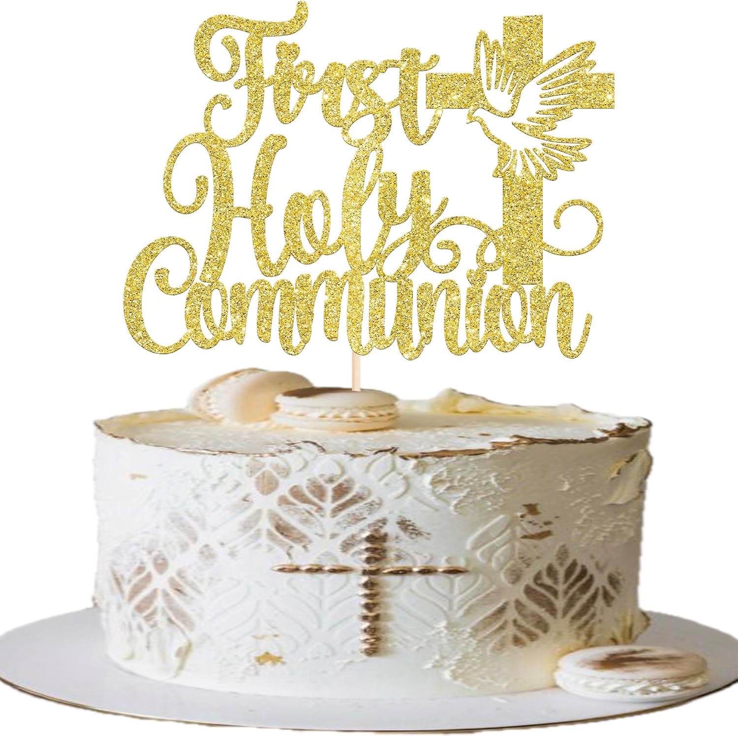 1 Pack First Holy Communion Cake Topper Glitter Cross Religious Cake Picks God Bless for Baby Shower Religious Theme Kids Frist Birthday Party Cupcake Decoration Supplies Gold
