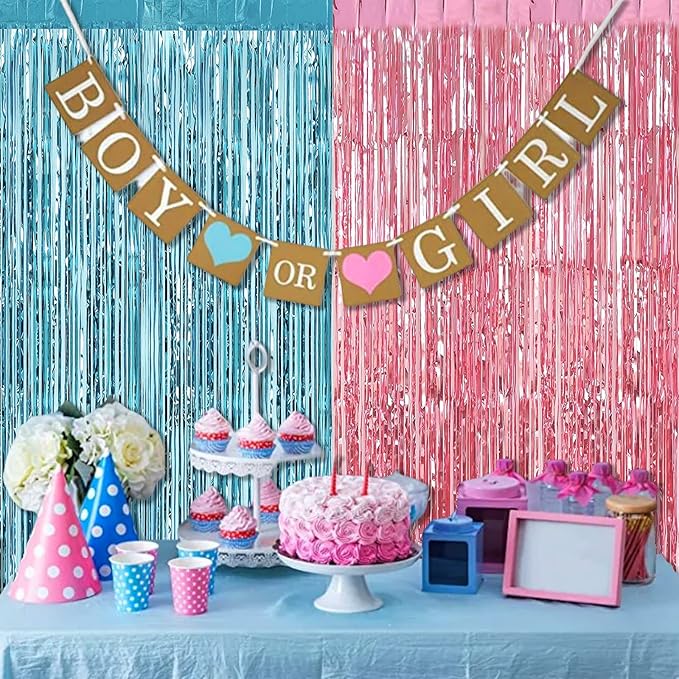 4 Pack 3.2Ft x 6.6Ft Pink Blue Fringe Curtain Backdrop, Metallic Tinsel Foil Fringe Streamers Curtains Background for Photo Booth Wedding Gender Reveal Backdrop Boy or Girl Birthday Party Decoration