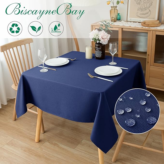 Biscaynebay Textured Fabric Square Tablecloths 90x90 Inches, Navy Water Resistant Card Table Cloth Folding Table Cover for Dining, Kitchen, Wedding and Parties etc. Machine Washable