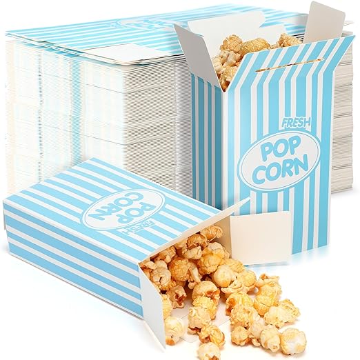 Xinnun 200 Pcs Paper Popcorn Boxes 1 oz Close Top Oil Proof Disposable Popcorn Container 6 x 4 x 2 Inch Stripes Leak Proof Popcorn Boxes for Party Movie Party Theater Night Birthday (Blue)