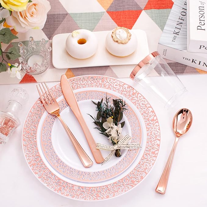 WELLIFE 175 Pieces Rose Gold Plastic Dinnerware,Rose Gold Dinnerware Set Include: 25 Dinner Plates 10.25", 25 Salad Plates 7.5", 25 Cups, 50 Forks, 25 Knives and 25 Spoons for Party