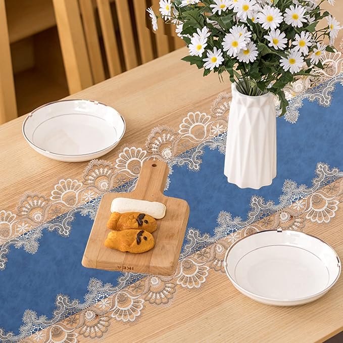Vintage Lace Dining Table Runner, 108 Inches Macrame Coffee Table Runners for Kitchen Home Christmas Party Decorations (16x108 inch,Blue)