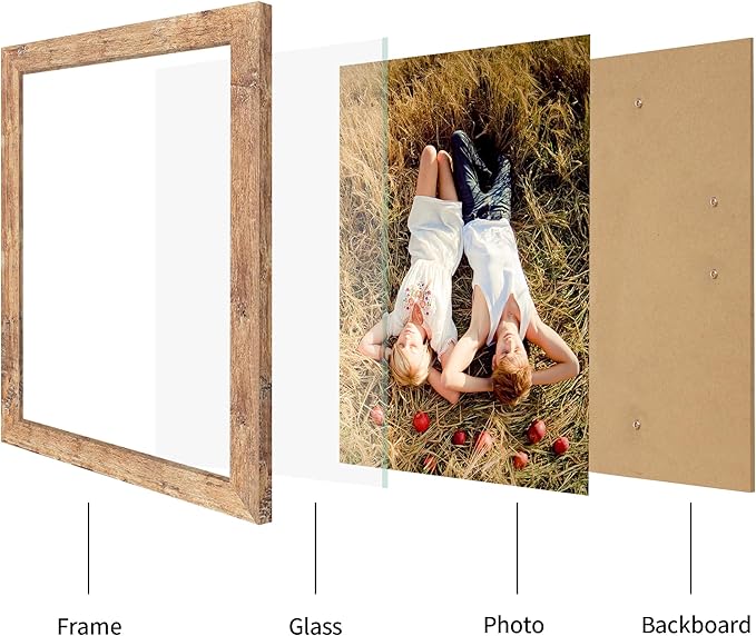 8.5x11 Picture Frame Set of 4, High Definition Real Glass Rustic Brown Frame, Wood Photo Frames 8.5 by 11 Diploma Document for Wall Hanging and Tabletop Display