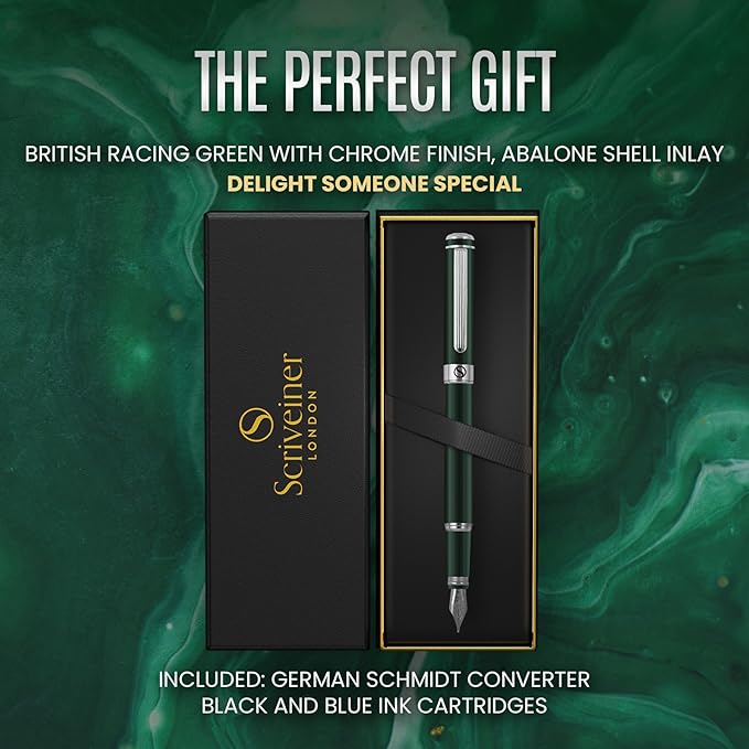 Scriveiner British Racing Green Fountain Pen - Stunning Luxury Pen with Chrome Finish, Schmidt Nib (Medium), Best Pen Gift Set for Men & Women, Professional, Executive, Office, Nice Pens