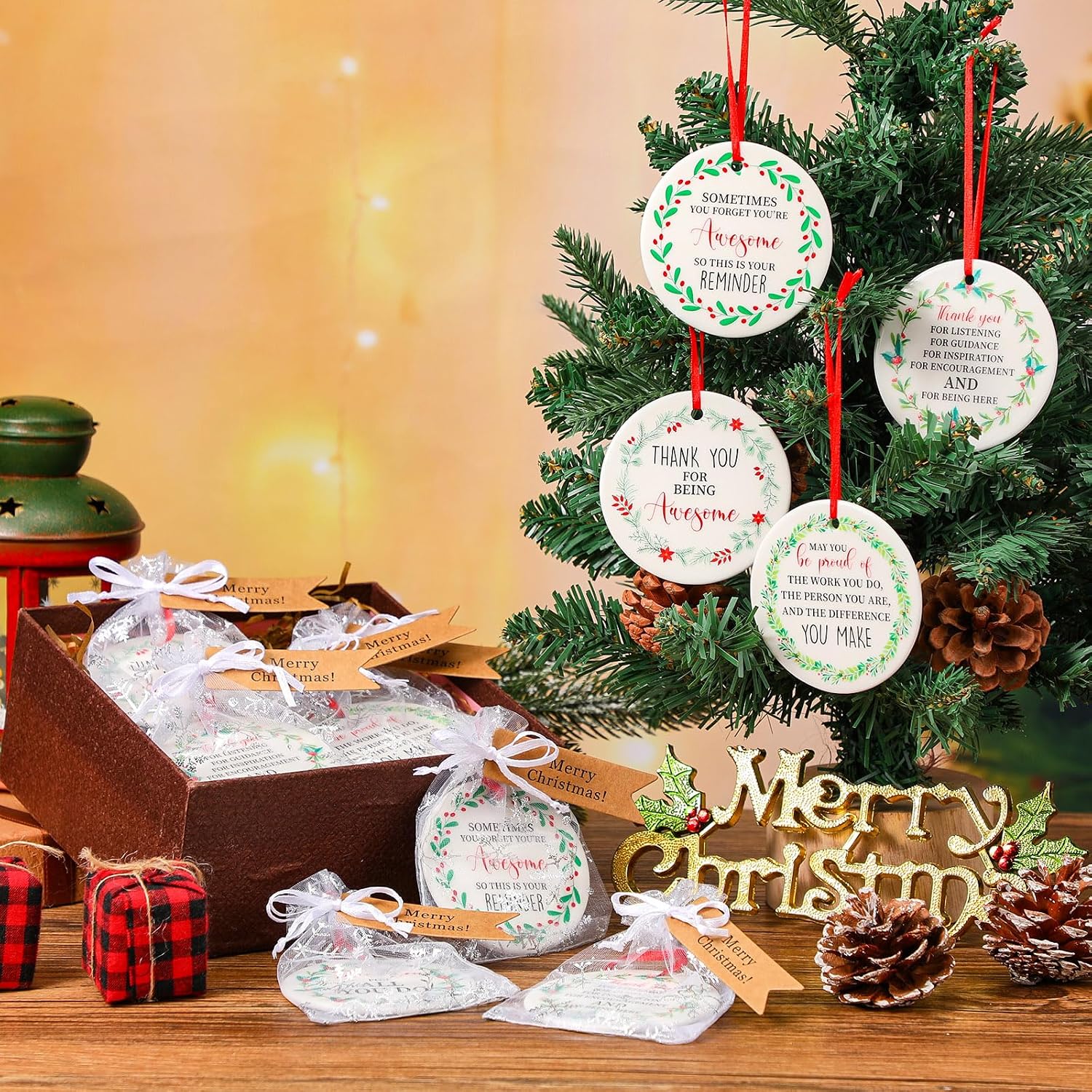 Barydat 36 Set Ceramic Christmas Appreciation Gifts for Coworkers, Thank You Ceramic Ornaments Xmas Tree Hanging Ornaments with Tags and Bag for Coworker Office Friendship Xmas Tree Decor (Wreath)