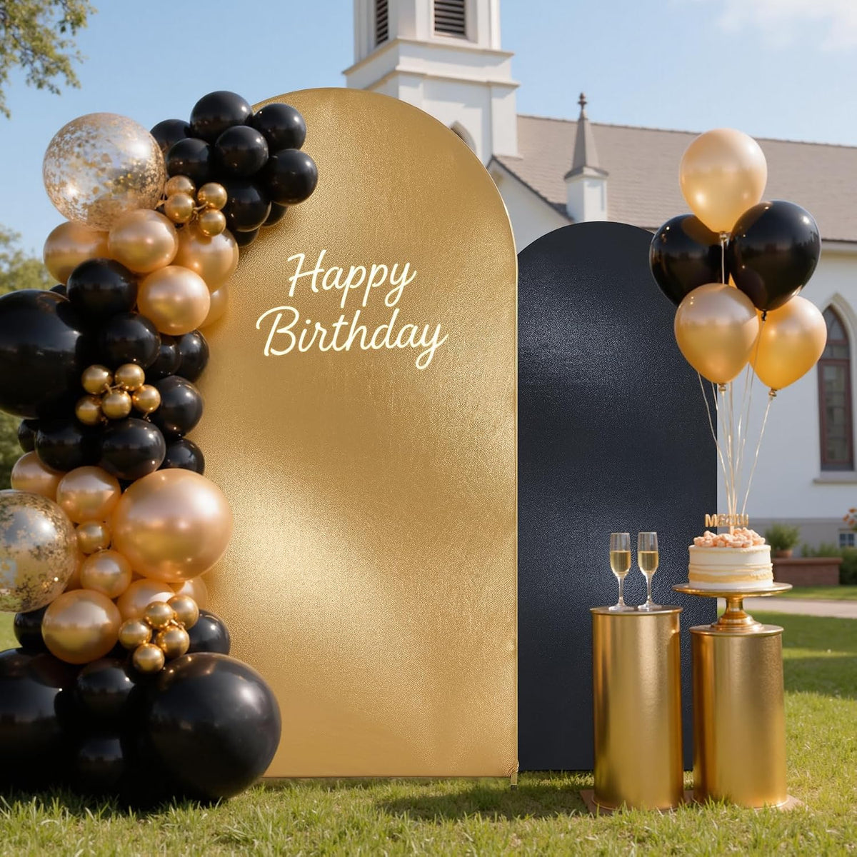 7.2ft gold and 6ft shimmer black arch backdrop showing dimensions