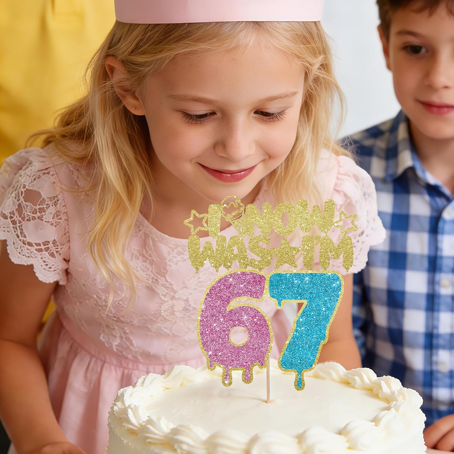 I WAS 6 NOW I'M 7 Cake Topper, 6 7 Birthday Decorations Cake Decor for Boy Girl 7 Years Old, Pink+Blue