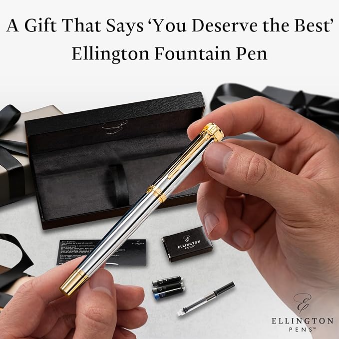 Ellington Pens Luxury Fountain Pen Set- Fountain Pens for Writing - Smooth Extra Fine Nib - Includes Refillable Ink Converter, 3 Ink Cartridges [Black & Blue], Gift Box - Elegant Calligraphy