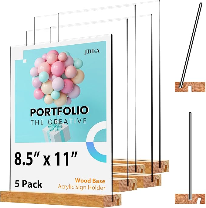 Acrylic Sign Holder with Wood Base 8.5x11 Inch Vertical and Slant Displays (5 Pack 8.5*11")
