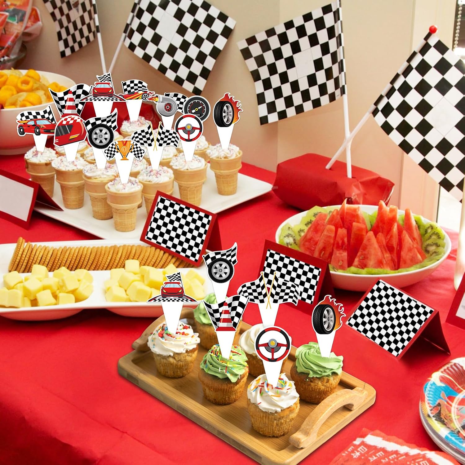48 Pack Race Car Cupcake Toppers and Wrappers, Race Car Party Cake Decoration for Racing Checkered Theme Birthday Party Baby Shower Supplies