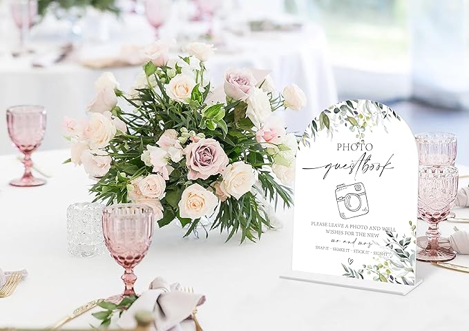 Greenery Photo Guestbook Sign, 6 x 8 Inch White Arch Acrylic Wedding Sign with Holder, Wedding Sign for Ceremony and Reception, Wedding Decoration, Wedding Supplies - LY06