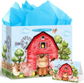 Farm Animals Theme Birthday Gift Bag for Boys Baby Shower Blue Farmhouse Barnyard Gift Bag Wrapping Paper Card Large Cows Pigs Gifts Bag for Baby Shower Farm Birthday Party Favors Supplies