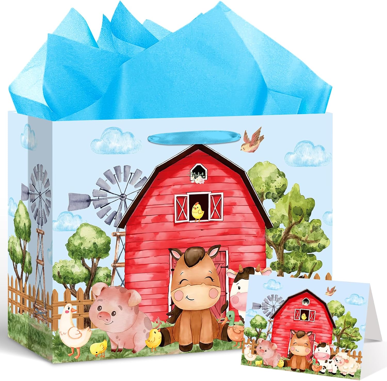 Farm Animals Theme Birthday Gift Bag for Boys Baby Shower Blue Farmhouse Barnyard Gift Bag Wrapping Paper Card Large Cows Pigs Gifts Bag for Baby Shower Farm Birthday Party Favors Supplies