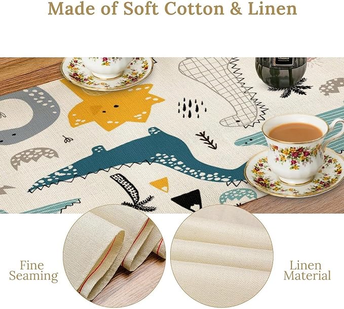 Cartoon Dinosaur Table Runner,Kids Boys Cute Various Dino Moutain Modern Abstract Print Tablecloth Burlap for Hotel Indoors Outdoor Dining Room Kitchen Holiday Party, 13x108in