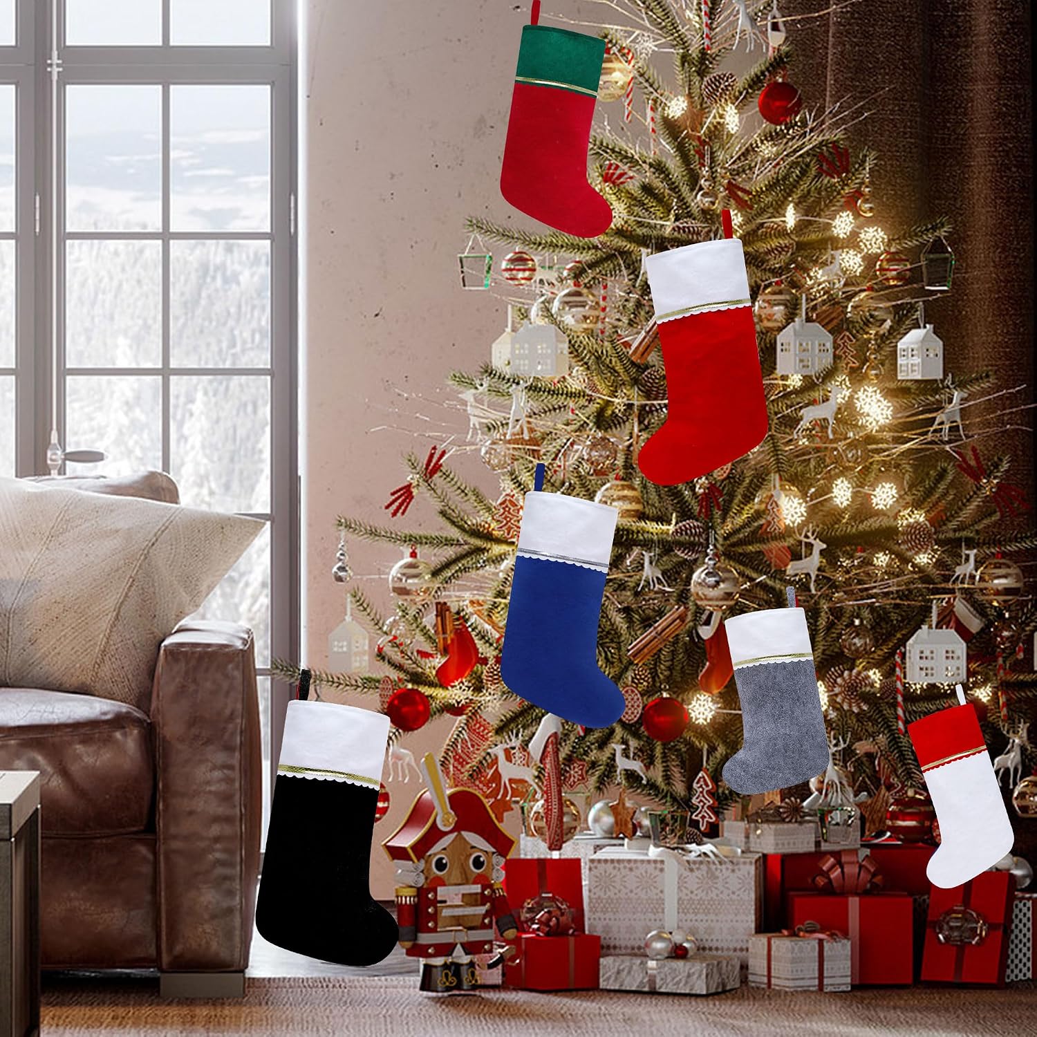 24 Pack Felt Christmas Stockings, 19 Inches Red and White Christmas Stockings Hanging Ornaments, White Cuff with Gold Trim Christmas Stockings for Family Christmas Holiday Decorations